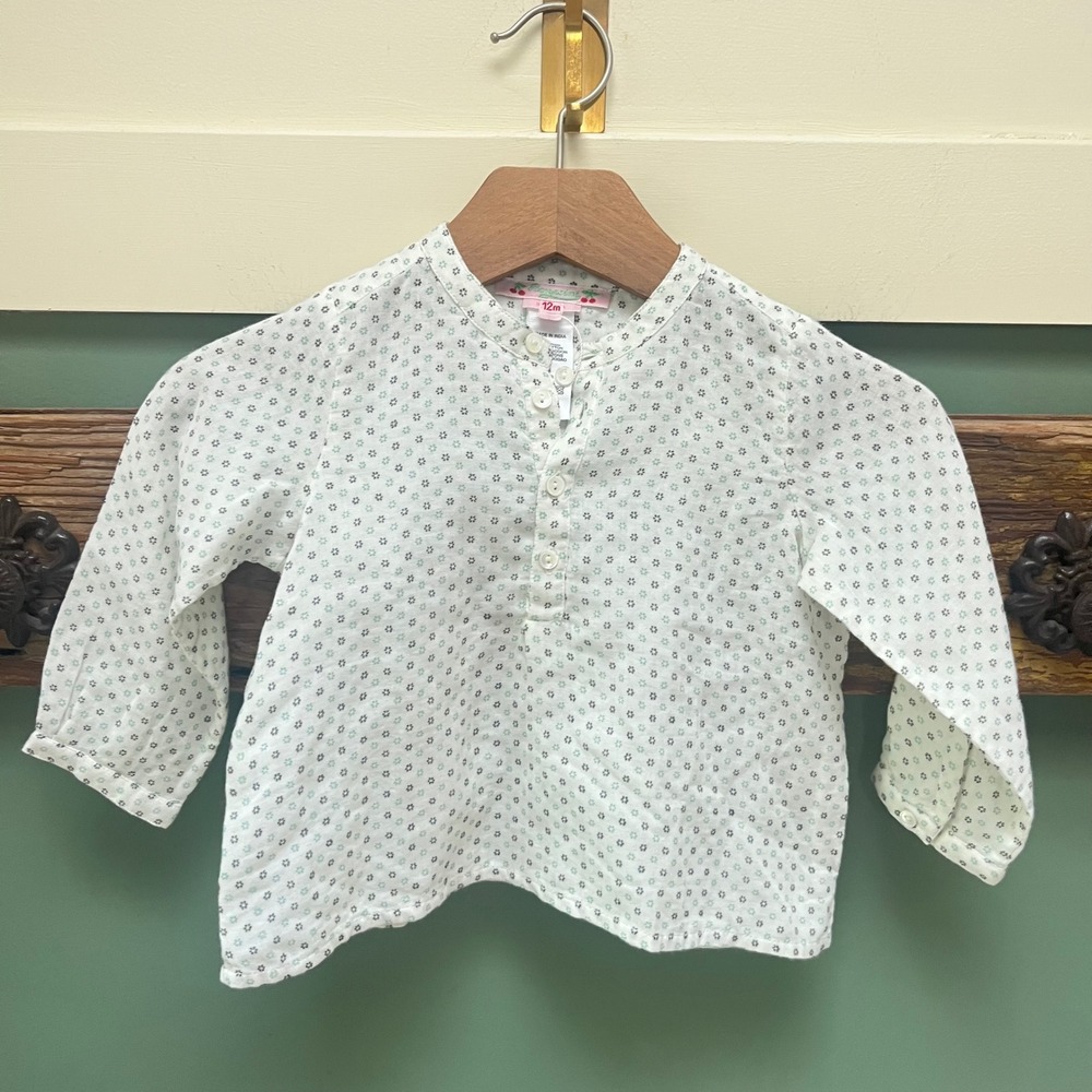 Bonpoint Kids 12M White Floral Cotton Long Sleeve Mandarin Collar Button Top